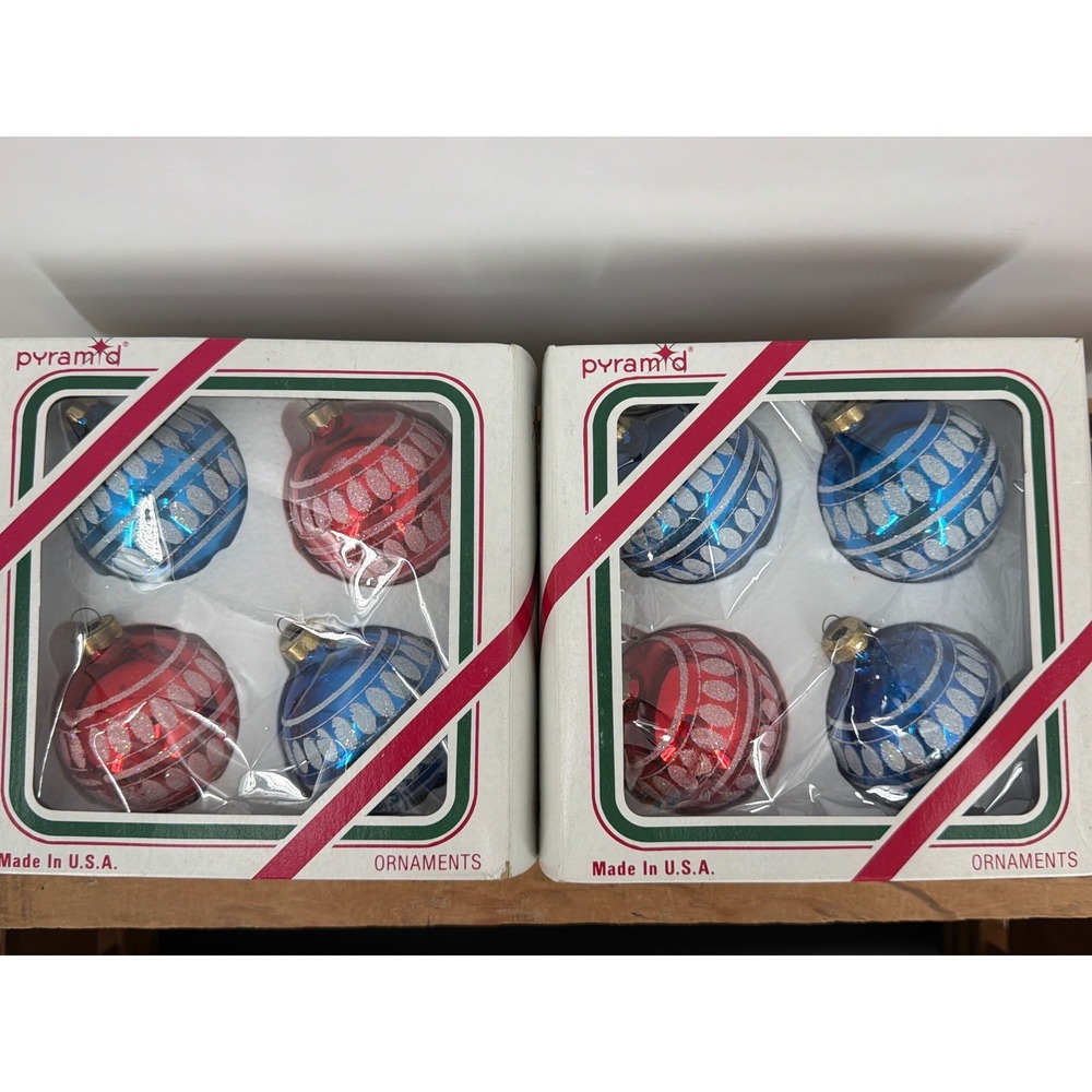 8 Vintage Pyramid Glass Christmas Ornaments Red Blue Glitter 2.25" Made in USA